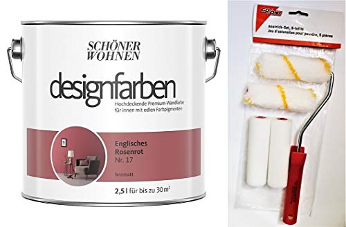 Schöner Wohnen designfarben feinmatte Wandfarbe für innen 2,5 Liter mit go/on Rollen-Set 5-tlg (Nr 17 Englisches Rosenrot) von hagebauSPN