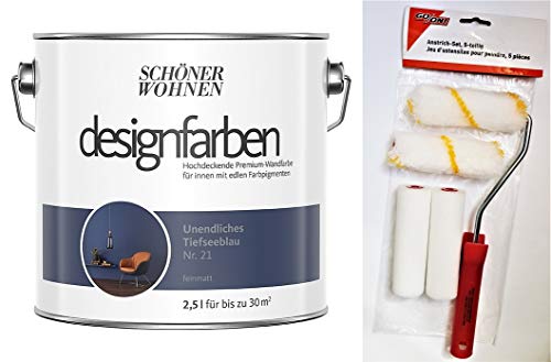 Schöner Wohnen designfarben feinmatte Wandfarbe für innen 2,5 Liter mit go/on Rollen-Set 5-tlg (Nr 21 Unendliches Tiefseeblau) von hagebauSPN
