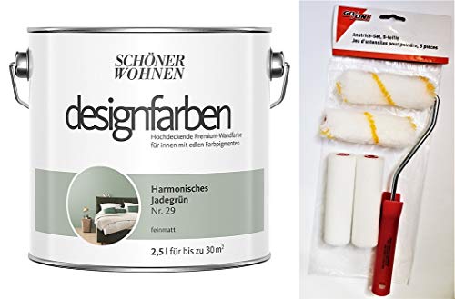 Schöner Wohnen designfarben feinmatte Wandfarbe für innen 2,5 Liter mit go/on Rollen-Set 5-tlg (Nr 29 Harmonisches Jadegrün) von hagebauSPN