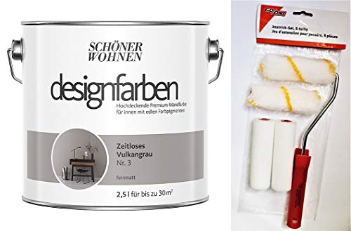 Schöner Wohnen designfarben feinmatte Wandfarbe für innen 2,5 Liter mit go/on Rollen-Set 5-tlg (Nr 3 Zeitloses Vulkangrau) von hagebauSPN