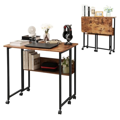 Schreibtisch klappbar klein, klappschreibtisch mit rollen 80cm breit, Kleiner computertisch mit regal, Faltbar klapptisch arbeitstisch für Home office, platzsparend, Industrie Design (Retro Farbe) von haiorjun