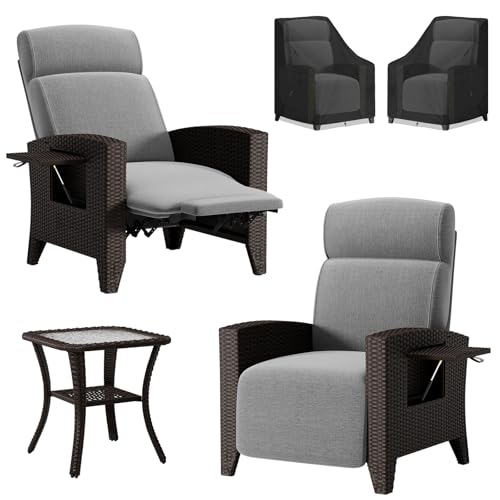 haiorjun 2 Stück Polyrattan Relaxsessel Verstellbar Gartensessel mit Liegefunktion, Staubhaube und 50cm Beistelltisch, Bequemer Loungesessel Outdoor Balkonmöbel für Garten Terrasse Pool Innen & Außen von haiorjun