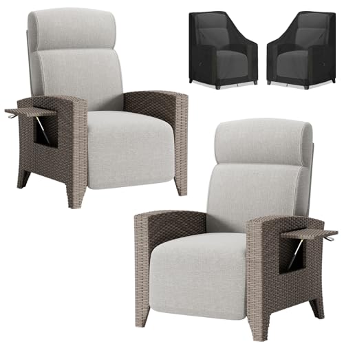haiorjun 2 Stück Polyrattan Relaxsessel Verstellbar Gartensessel mit Liegefunktion & Staubhaube, Bequemer Loungesessel Outdoor Gartenmöbel Balkonmöbel für Garten Balkon Terrasse Pool Innen & Außen von haiorjun