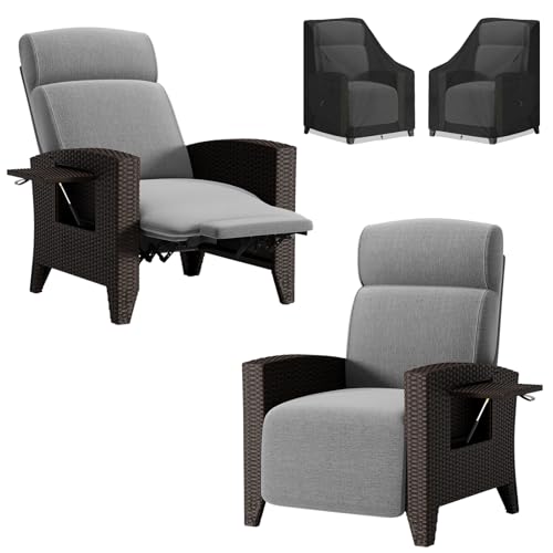 haiorjun 2 Stück Polyrattan Relaxsessel Verstellbar Gartensessel mit Liegefunktion & Staubhaube, Bequemer Loungesessel Outdoor Gartenmöbel Balkonmöbel für Garten Balkon Terrasse Pool Innen & Außen von haiorjun