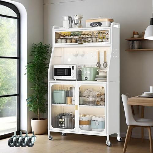 haiorjun Küchenschrank Weiß mit Arbeitsplatte und Rollen, 76x36x160cm Bewegliche Metallschrank mit 2 Türen & Verstellbaren Einlegeböden, Moderner Stil Buffetschrank für Küche Wohnzimmer Esszimmer von haiorjun