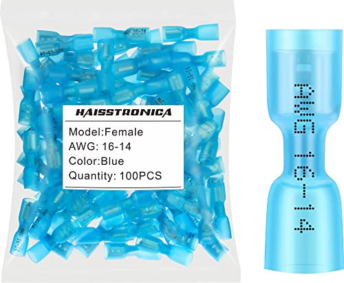 haisstronica 100 Stück blaue Schrumpf-Flachstecker, 16–14 Gauge, isolierte elektrische Crimp-Kabelschuhe haisstronica 100 Stück blaue Schrumpf-Flachstecker, 16–14 Gauge, isolierte elektrische Crimp-Kabelschuhe von haisstronica