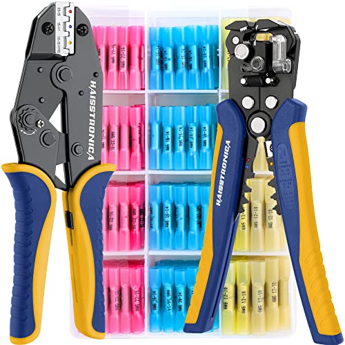haisstronica Crimpzange für Schrumpfschlauch-Set mit 200 Stück AWG 22–10 Marine Grade Stoßverbindern und Abisolierzange von haisstronica