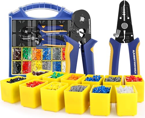 haisstronica Ferrule Crimpzange-Set, AWG 23–7, selbsteinstellend, quadratische Draht-Crimpzange-Set mit 2500 roten Kupfer-Drahtendhülsen (12 Größen) und Abisolierzange von haisstronica