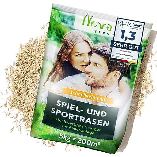 5kg Premium Rasensamen schnellkeimend Frühling 200m² SEHR GUT getestet - dürreresistent, robust, tiefgrün - Ideal für Neuansaat und Nachsaat - Rasensaat Grassamen Sport und Spiel von halmland