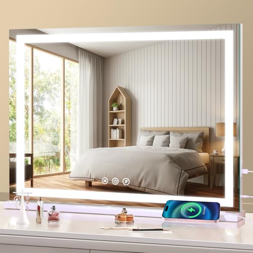 Schminkspiegel mit Beleuchtung, 58 x 48 cm Hollywood schminktisch Spiegel mit Beleuchtung, 3 Modi Dimmbar Tischspiegel mit Touch-Schalter Schminkspiegel mit Beleuchtung, 58 x 48 cm Hollywood schminktisch Spiegel mit Beleuchtung, 3 Modi Dimmbar Tischspiegel mit Touch-Schalter von halumao
