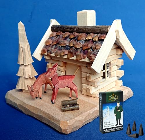 Kunststube Marienberg - Räucherhaus mit Zapfendach & 2 Rehe geschnitzt auf Sockel - Feine Handarbeit aus dem Erzgebirge - inklusive Räucherkerzen Kunststube Marienberg - Räucherhaus mit Zapfendach & 2 Rehe geschnitzt auf Sockel - Feine Handarbeit aus dem Erzgebirge - inklusive Räucherkerzen von hand.kunst.ERZ