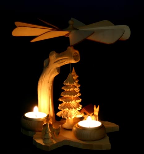 Kunststube Marienberg - Teelicht Blatt - Pyramide 22cm Wildfütterung - Holz massiv - Geschnitzte Bäume & Rehe - feine Handarbeit aus dem Erzgebirge von hand.kunst.ERZ