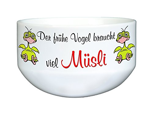 handmade-in-nb Müslischale, Dekoschale, Suppenschüssel, Ca. 14 cm Durchmesser, Weiß Mit Spruch „Der frühe Vogel braucht viel Müsli“ von handmade-in-nb