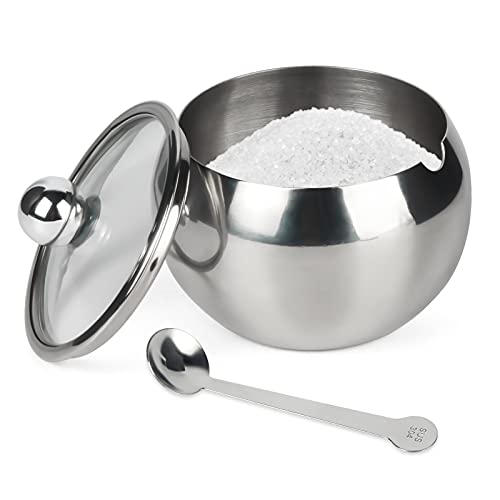 Hanmir Zuckerdose, Edelstahl-Zuckerdose mit transparentem Deckel und Löffel, trommelförmig, kleiner Gewürzbehälter für Zuhause und Küche, 240 ml von hanmir