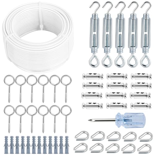 hannger 30M Drahtseil, 3MM Weißes PVC Ummantelt Stahlseil mit Ösen & Mehrzweck Spannschlösser für Wäscheleine, Wäscheleinenspanner für T-Pfosten, String Licht Aufhängen, Garten Draht von hannger