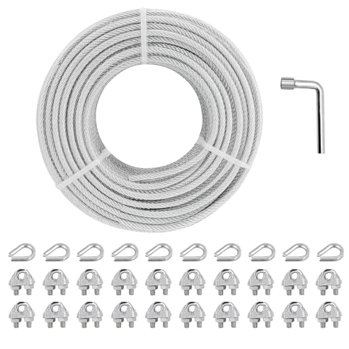 hannger 3MM Drahtseil, 30M Stahlseil Spannvorrichtung Strainer Kit mit 7×7 Strand Kern PVC-ummanteltes Stahlseil für Geländer, Treppengeländer, Beschattungssegel Lichterketten, Kleiderleine von hannger