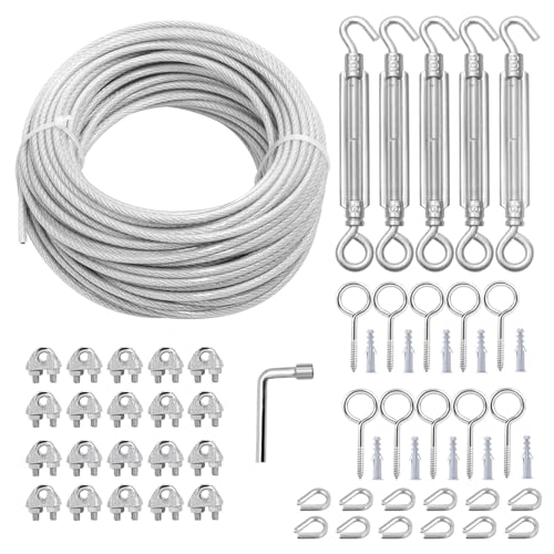 hannger 3MM Drahtseil, 30M Stahlseil-Spannvorrichtung mit 7×7 Litzenkern PVC beschichtetes Stahlseil für Decking Geländer | Treppengeländer | Sonnensegel | String Light Hanging Kit | Kleiderleine von hannger