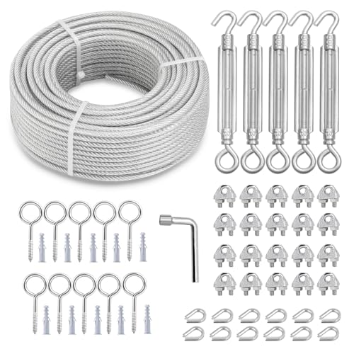 hannger 30M Drahtseil, 5MM Stahlseil Spannvorrichtung Strainer Kit mit 7×7 Strand Kern PVC-beschichtetes Stahlseil für Terrassengeländer | Treppengeländer | Kleiderseil | String Light Hanging Kit von hannger