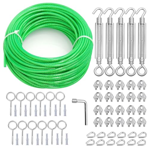hannger Drahtseil 5mm & M6 Spannschlösser Kit, 30m Stahlseil mit Ösen Spanndraht PVC-ummantelt Seilspanngarnitur für Garten Metaller Seil | Wäscheleine | Rankhilfen für Kletterpflanzen | Gardinenseil von hannger