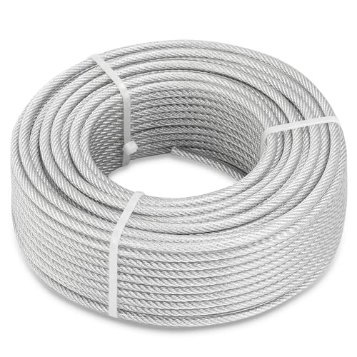 hannger Drahtseil Ø5mm, 60M Länge Spanndraht Stahlseil Klar PVC ummantelt Seil Draht für Zaun, String Light Hängend, Wäscheleine, Kletterpflanzen, Gardinen, 7×7 Verzinkt | Mittelweich | 730kg Nutzlast von hannger