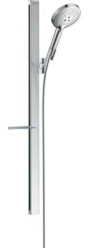 hansgrohe wassersparendes Duschsystem (Duschkopf, Schlauch, Duschstange, Raindance Select S 120 Regendusche 0,90m mit Ablage, 3 Strahlarten) Chrom von hansgrohe