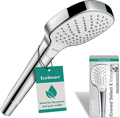 hansgrohe Croma Select E - wassersparender Duschkopf 9 l/min (EcoSmart), Handbrause mit 3 Strahlarten, eckige Duschbrause (110 x 110 mm), Sparduschkopf mit Antikalk-Funktion, Weiß/Chrom von hansgrohe