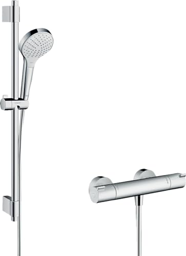 hansgrohe Croma Select S - Brausesystem Aufputz, Duschset mit Duschkopf (3 Strahlarten), Brausethermostat Ecostat 1001 CL, Duschschlauch 160 cm und Duschstange 72 cm, Weiß/Chrom von hansgrohe