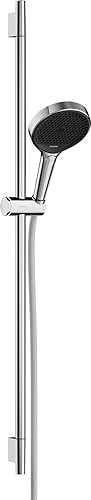 hansgrohe Rainfinity - wassersparendes Duschset (EcoSmart), Sparduschkopf, Brausestange 90cm, Halterung, Designflex Textil Brauseschlauch 160cm, Duschbrause mit 3 Strahlarten, runde Kopfbrause, Chrom von hansgrohe