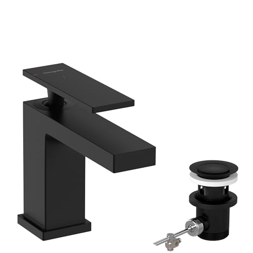 hansgrohe Tecturis E - Waschtischarmatur mit Zugstangen-Ablauf, energiesparend (CoolStart), Wasserhahn Bad mit Auslauf Höhe 90 mm, Mischbatterie wassersparend (EcoSmart+), Mattschwarz, 73002670 von hansgrohe