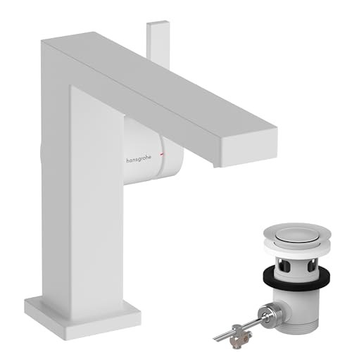 hansgrohe Tecturis E - Waschtischarmatur mit Zugstangen-Ablauf, energiesparend (CoolStart), Wasserhahn Bad, Auslauf Höhe 133 mm, Mischbatterie Waschbecken wassersparend (EcoSmart+), Mattweiß, 73023700 von hansgrohe