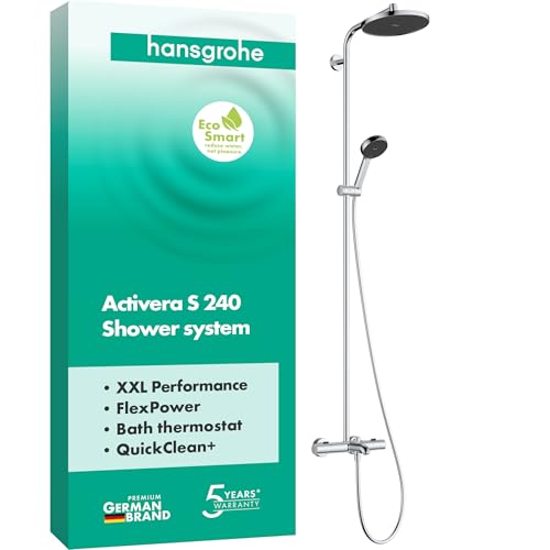 hansgrohe Activera S - wassersparendes Duschsystem (EcoSmart) mit Wannenthermostat, Regendusche mit Wannenarmatur, Handbrause (2 Strahlarten), Schlauch, Brausestange und Kopfbrause, Chrom, 28871000 von hansgrohe