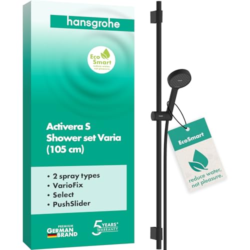 hansgrohe Activera Select S - Duschset mit Duschkopf wassersparend (EcoSmart, 2 Strahlarten), Duschschlauch (1,60 m) und Duschstange (105 cm) mit variablem Bohrlochabstand, Mattschwarz, 28050670 von hansgrohe
