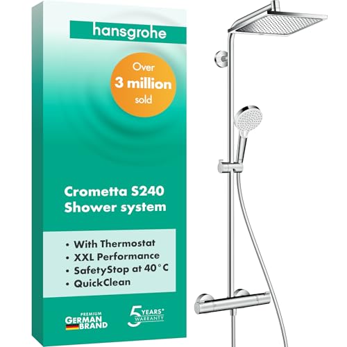 hansgrohe Crometta E - Duschsystem mit Thermostat, Regendusche (240 x 240 mm) mit Armatur, Handbrause (2 Strahlarten), Schlauch, Brausestange und eckiger Kopfbrause (1 Strahlart), Chrom, 27271000 von Hansgrohe
