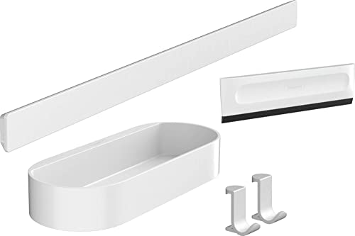 hansgrohe WallStoris - Duschset, Zubehör Set für die Dusche ohne bohren, Badezimmer Set 4-teilig, Wandstange, Ablagekorb, Duschabzieher, Handtuchhaken, Badezimmer Zubehör, Mattweiß von hansgrohe