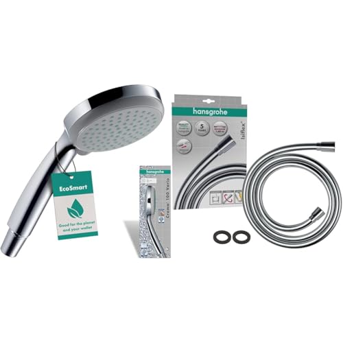 hansgrohe Duschset mit wassersparendem Duschkopf Croma 100, Sparduschkopf, 4 Strahlarten + hansgrohe Brauseschlauch Isiflex, Duschschlauch 1,60m (Chrom) von hansgrohe