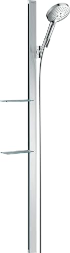 hansgrohe Duschsystem (Duschkopf, Schlauch, Duschstange, Raindance Select S 120 Regendusche 1,50m mit zwei Ablagen, 3 Strahlarten) Chrom von hansgrohe