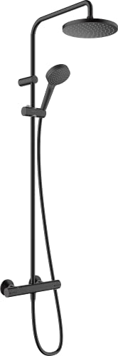hansgrohe Vernis Blend - Duschsystem mit Thermostat, Regendusche (⌀ 205 mm) mit Armatur, Handbrause (2 Strahlarten), Schlauch, Brausestange und runder Kopfbrause (1 Strahlart), Mattschwarz von hansgrohe