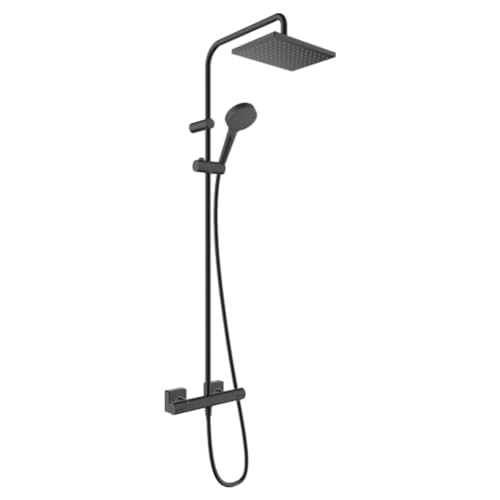 hansgrohe Vernis Shape - Duschsystem mit Thermostat, Regendusche (230 x 170 mm) mit Armatur, Handbrause (2 Strahlarten), Schlauch, Brausestange und eckiger Kopfbrause (1 Strahlart), Mattschwarz von hansgrohe