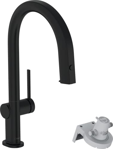 hansgrohe Küchenarmatur Aqittura M91 mit Wasserfilter, 3 Wege Wasserhahn Küche mit Auslauf Höhe 210 mm, mit Schlauchbox, 150° drehbar, ausziehbar, 1 Strahlart, Mattschwarz von hansgrohe