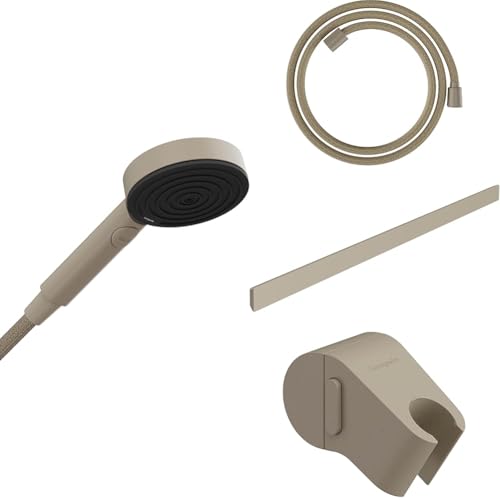 hansgrohe Planet Edition - Duschset mit wassersparendem Duschkopf Pulsify Select S 5,7 l/min (EcoSmart+), Designflex Textil-Brauseschlauch 160cm, Wandstange 70cm & Duschkopfhalterung, Sand (recycelt) von hansgrohe