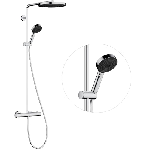 hansgrohe Pulsify S Puro - wassersparendes Duschsystem (EcoSmart) mit Thermostat, Regendusche (260mm) mit Armatur, Handbrause (3 Strahlarten), Schlauch, Stange und runder Kopfbrause, Chrom, 24237000 von hansgrohe