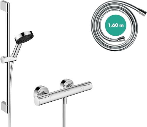 hansgrohe Pulsify Select S - wassersparendes Duschset mit Thermostat Ecostat Element, Duschthermostat mit Duschkopf 8,2 l/min (EcoSmart), Duschstange 65cm, Duschschlauch und Halterung, Chrom, 24272000 von hansgrohe