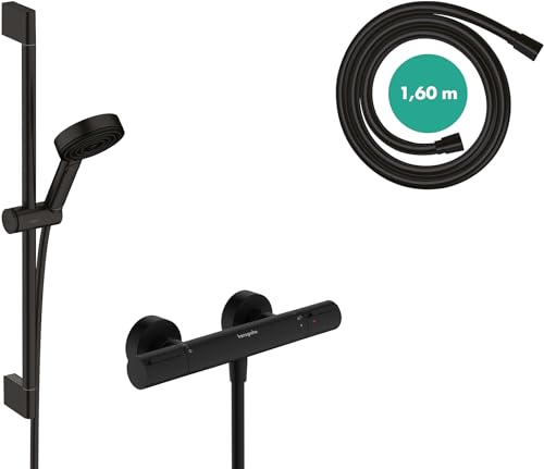hansgrohe Pulsify Select S - wassersparendes Duschset mit Thermostat Ecostat Element, Duschthermostat mit Duschkopf 8,2 l/min (EcoSmart), Duschstange 65cm, Schlauch, Halterung, Mattschwarz, 24272670 von hansgrohe