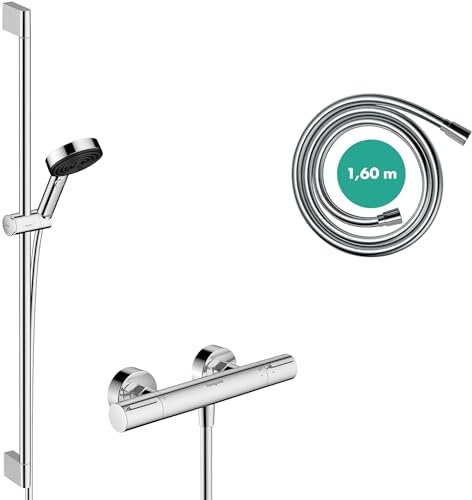 hansgrohe Pulsify Select S - wassersparendes Duschset mit Thermostat Ecostat Element, Duschthermostat mit Duschkopf 8,2 l/min (EcoSmart), Duschstange 90cm, Duschschlauch und Halterung, Chrom, 24271000 von hansgrohe