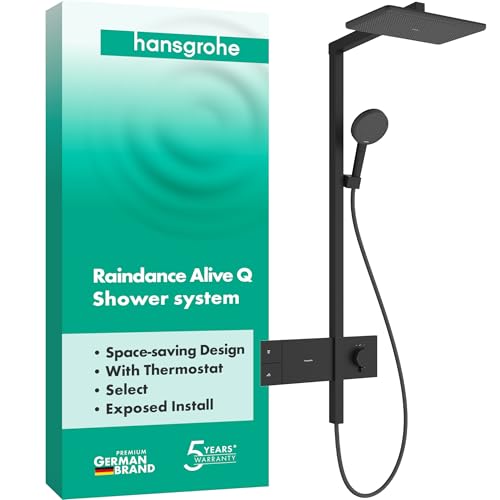 hansgrohe Raindance Alive Q - Duschsystem mit Thermostat, Regendusche (340 x 210 mm) mit Armatur, Handbrause (3 Strahlarten), Schlauch, Brausestange und Kopfbrause, Mattschwarz, 24580670 von hansgrohe