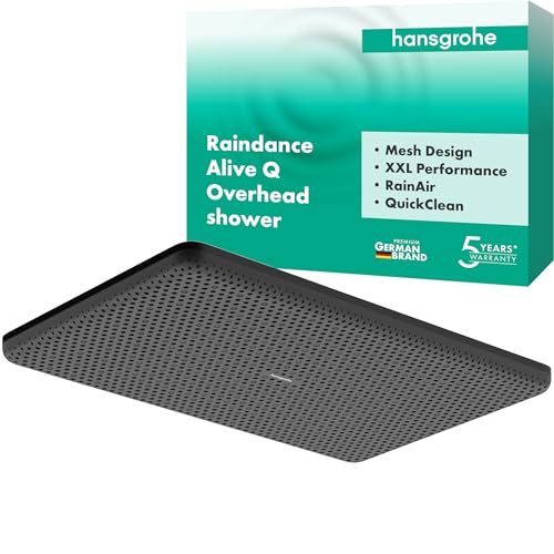 hansgrohe Raindance Alive Q - Kopfbrause, Duschbrause (340 x 210 mm), Regendusche mit 1 Strahlart für Wand- oder Deckenmontage, Brausekopf mit Antikalk-Funktion, Mattschwarz, 24530670 von hansgrohe