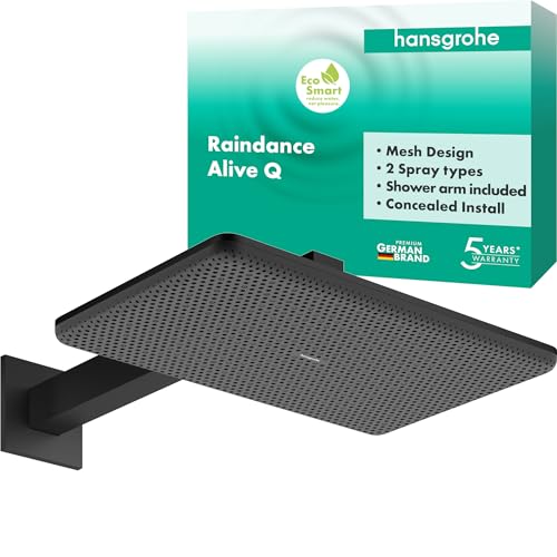 hansgrohe Raindance Alive Q - Kopfbrause mit Brausearm, Duschbrause (340 x 210 mm), Regendusche mit 2 Strahlarten für Wandmontage, Brausekopf mit Antikalk-Funktion, Mattschwarz, 24550670 von hansgrohe