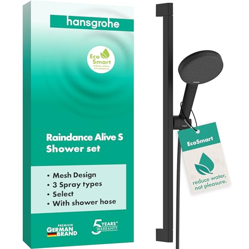 hansgrohe Raindance Alive Select S - Duschset mit Duschkopf wassersparend (EcoSmart, 3 Strahlarten inkl. PowderRain), Duschschlauch (1,60 m) und Duschstange (0,65 m), Mattschwarz, 24600670 von hansgrohe