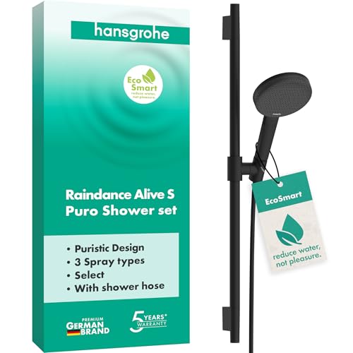 hansgrohe Raindance Alive Select S - Duschset mit Duschkopf wassersparend (EcoSmart, 3 Strahlarten inkl. PowderRain), Duschschlauch (1,60 m) und Duschstange (0,65 m), Mattschwarz, 24602670 von hansgrohe