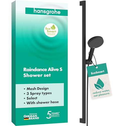 hansgrohe Raindance Alive Select S - Duschset mit Duschkopf wassersparend (EcoSmart, 3 Strahlarten inkl. PowderRain), Duschschlauch (1,60 m) und Duschstange (0,90 m), Mattschwarz, 24601670 von hansgrohe